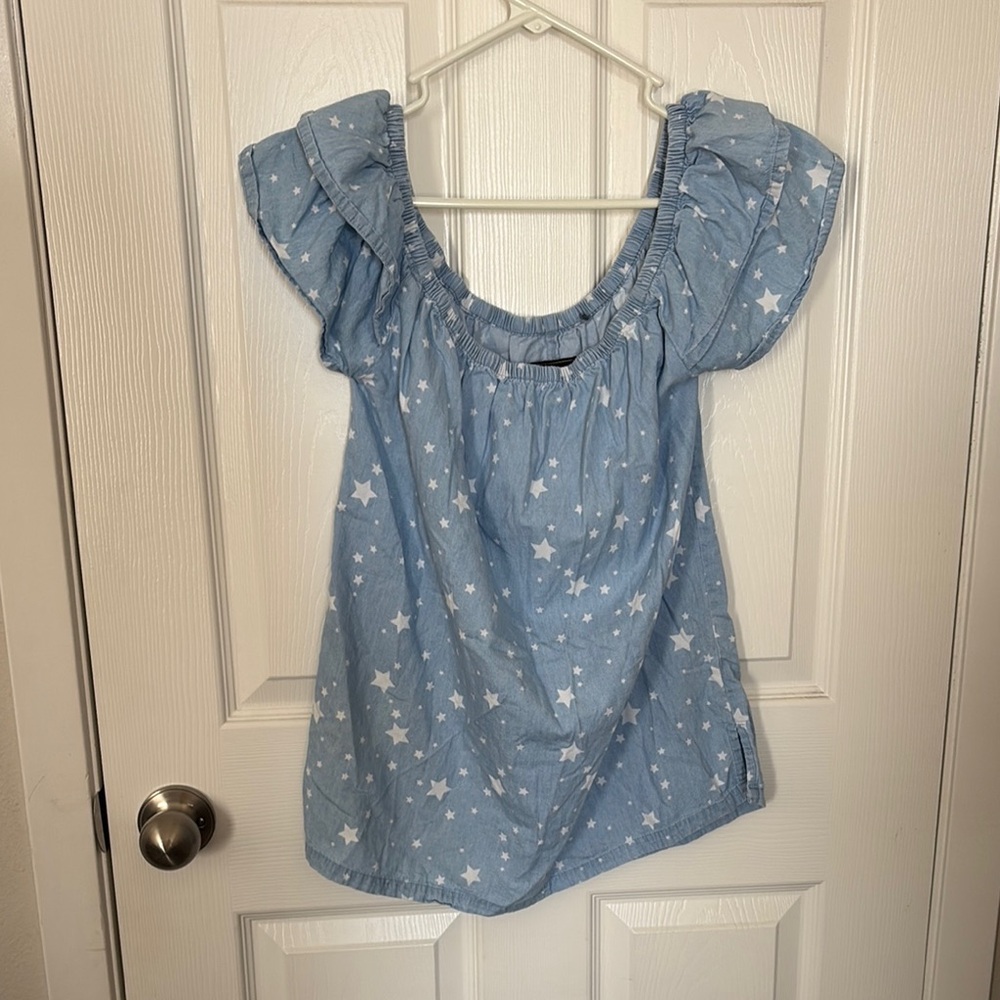 Cavalini Blue Flutter Sleeve Blouse with Ruffled Details